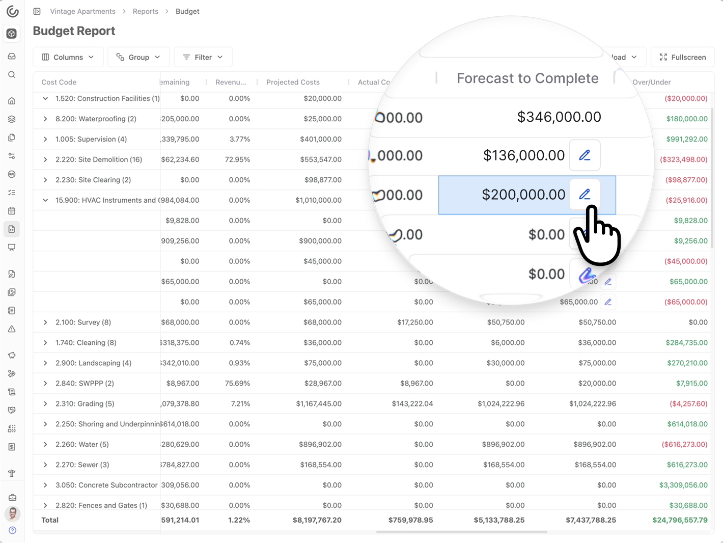 A screenshot showing forecast to Complete overrides in Constructable