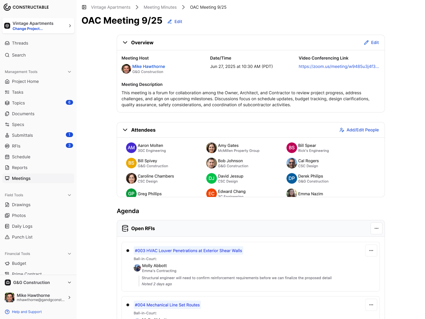 A screenshot of Constructable's Meetings feature, showing a meeting agenda with all pertinent meeting information at the top, a list of the meeting's attendees, and a full agenda with many sections. The screenshot shows the Open RFIs smart section has been added to the agenda. This smart section contains a real-time list of the currently open RFIs for the project, making it easy for meeting attendees to discuss them during the meeting without having to manually add each one to the agenda. A smart section for open Submittals can also be added if desired. Users ca of course add more sections and manually add as many items or sub-items as they want to each section. They have options to add bullet points, take notes during the meeting, and assignments to each item.