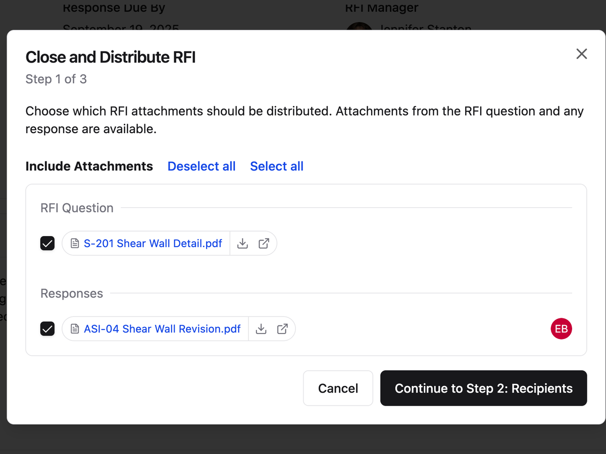 The Close and Distribute RFI dialog in Constructable, with the question and response attachments selected