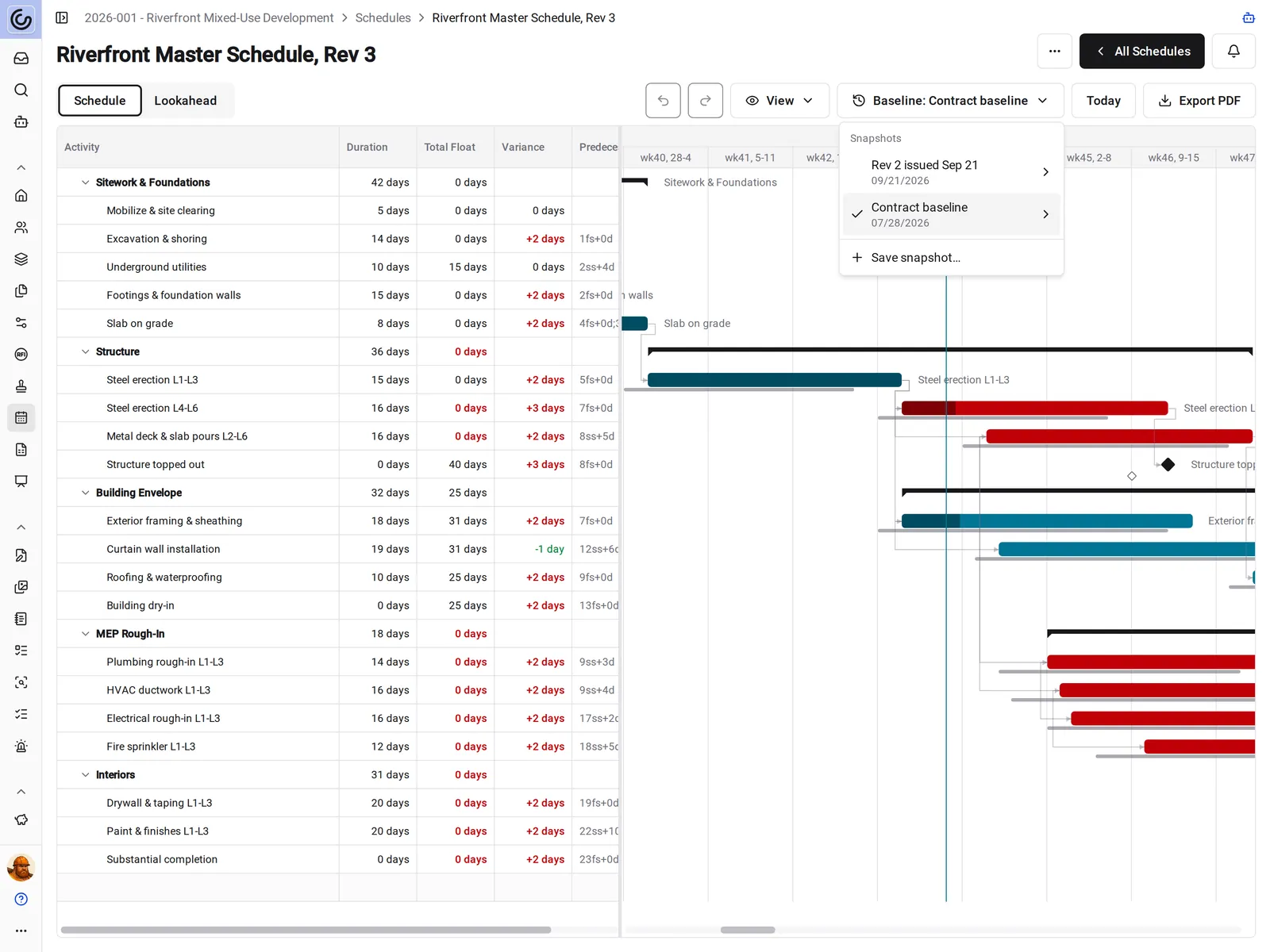 The Baseline menu in Constructable listing saved snapshots, with baseline bars behind the current bars and a Variance column showing slips in red and gains in green