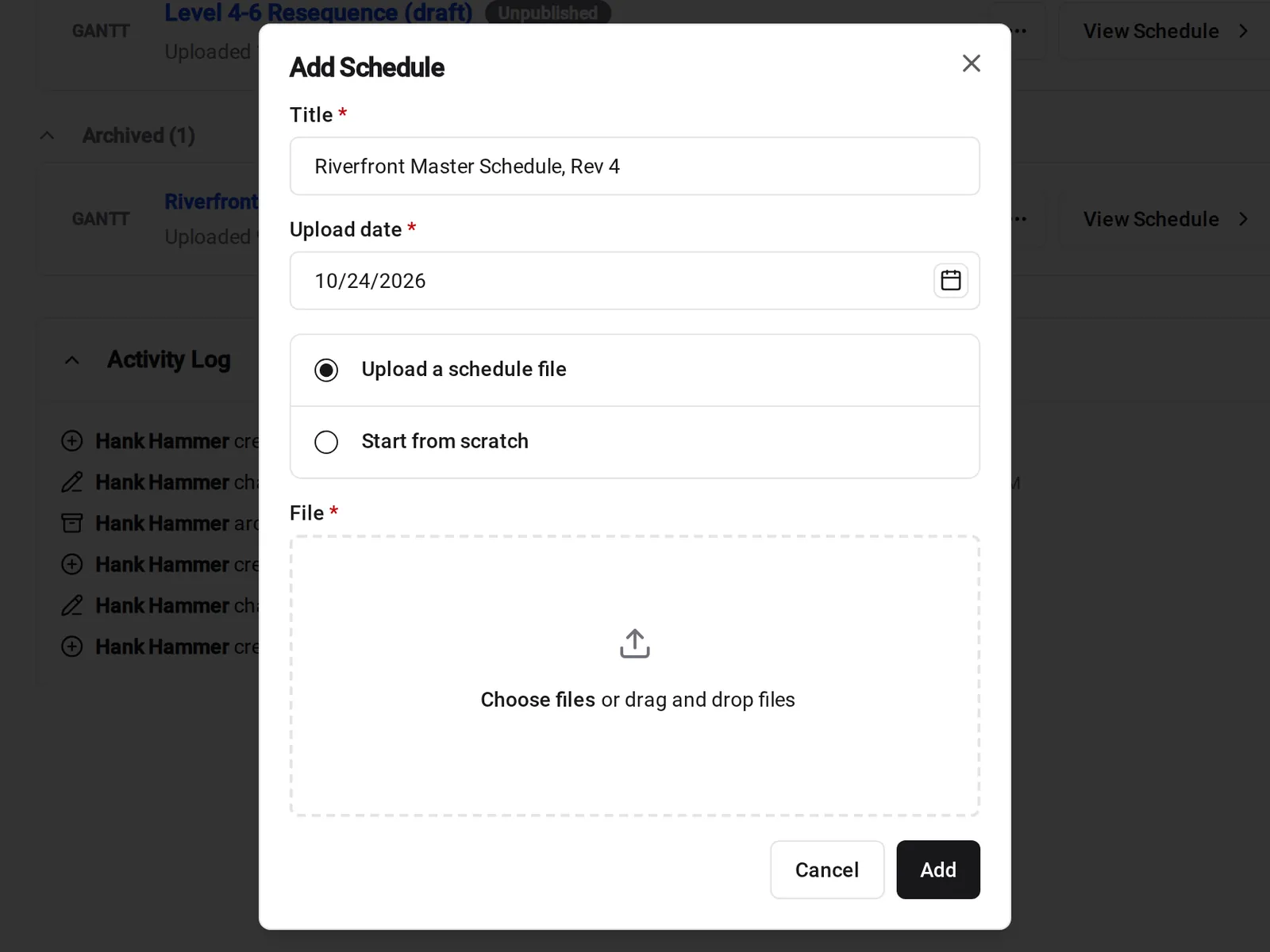 The Add Schedule dialog in Constructable, with options to upload a schedule file or start from scratch