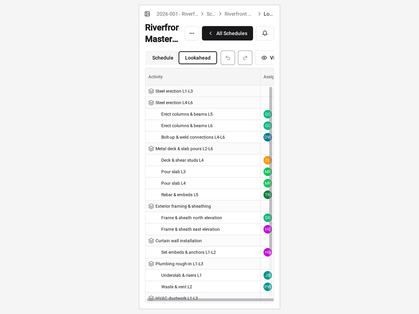 A lookahead schedule in Constructable on a phone, listing tasks under schedule activities with each task's assignee