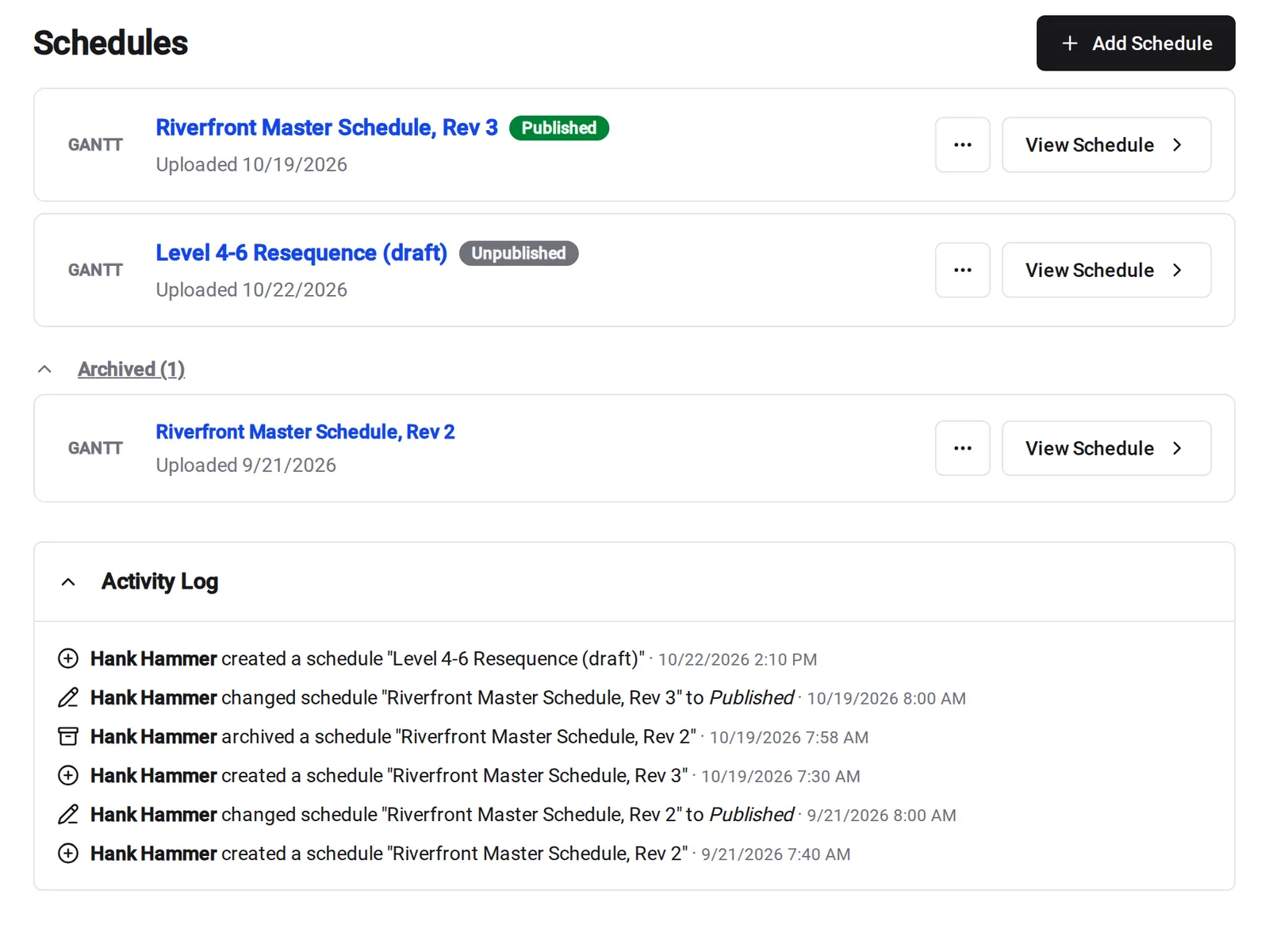 The Schedules list in Constructable with Published and Unpublished badges, an archived revision, and an activity log of when each schedule was issued